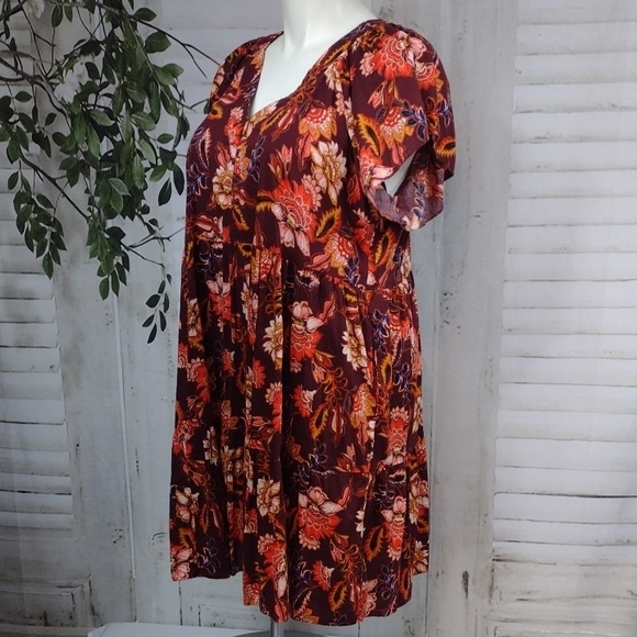Old Navy Burgundy Floral V-Neck Tiered Mini Dress with Orange Accents XXL - Picture 4 of 7